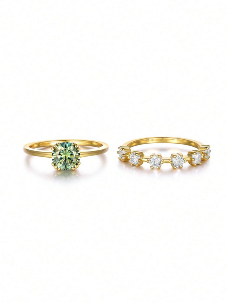 Smaragd Moissanit Ringsæt | S925 Sterling Sølv
