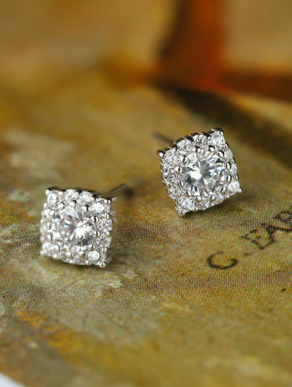 S925 Silver Square Diamond Stud Earrings