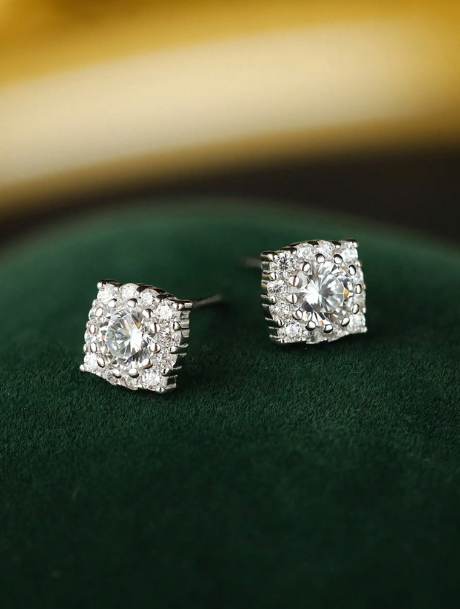 S925 Silver Square Diamond Stud Earrings
