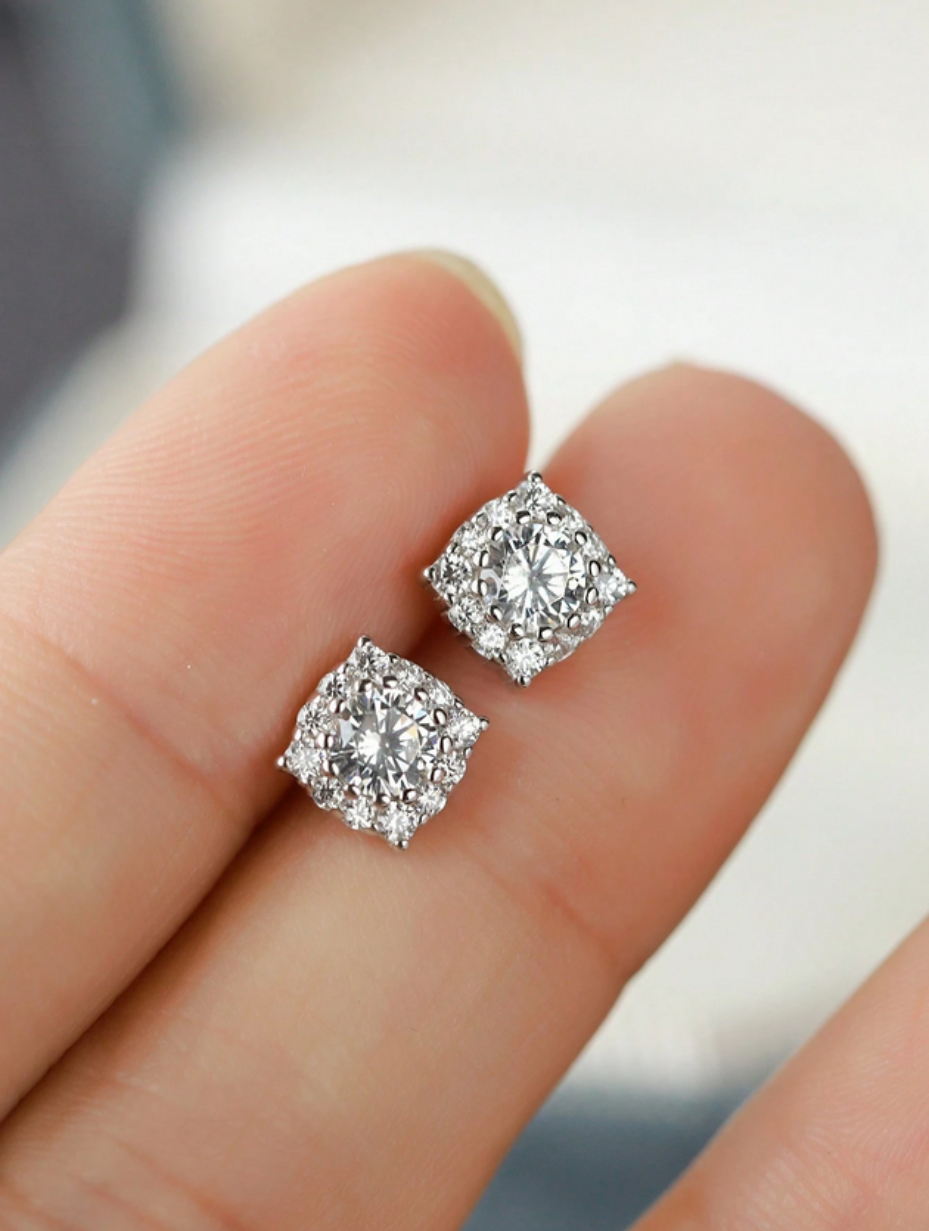 S925 Silver Square Diamond Stud Earrings