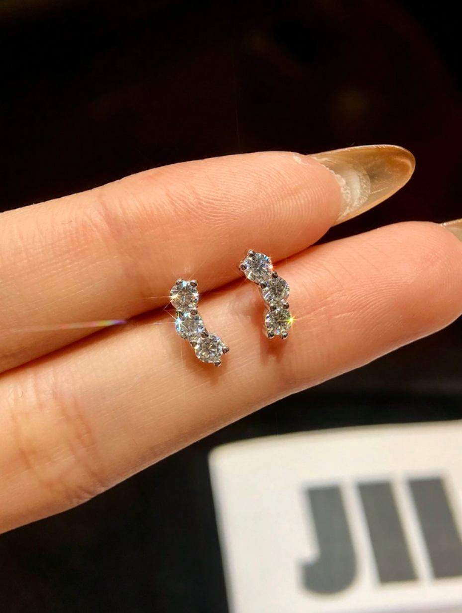 Symmetrical Triple Moissanite Stud Earrings | D Color
