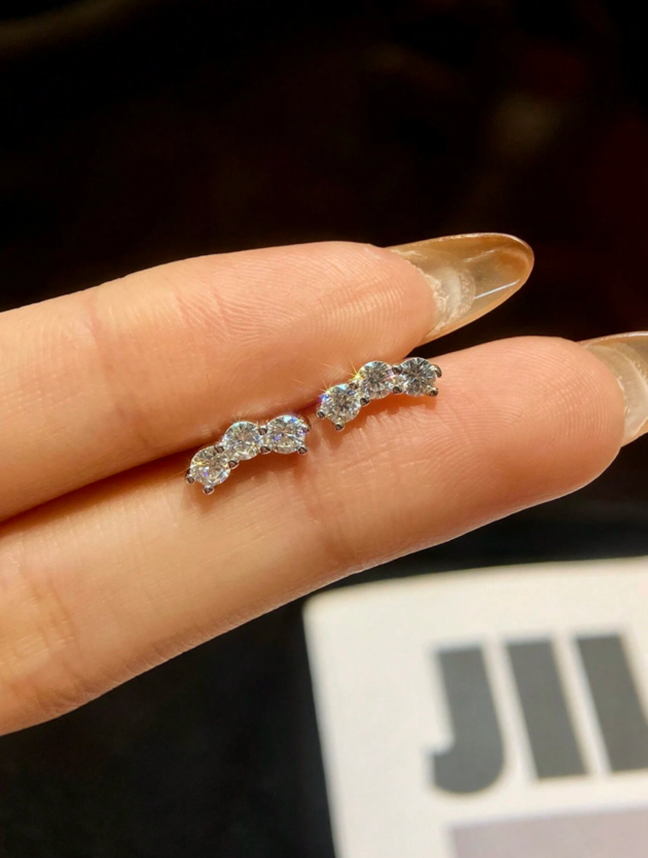 Symmetrical Triple Moissanite Stud Earrings | D Color