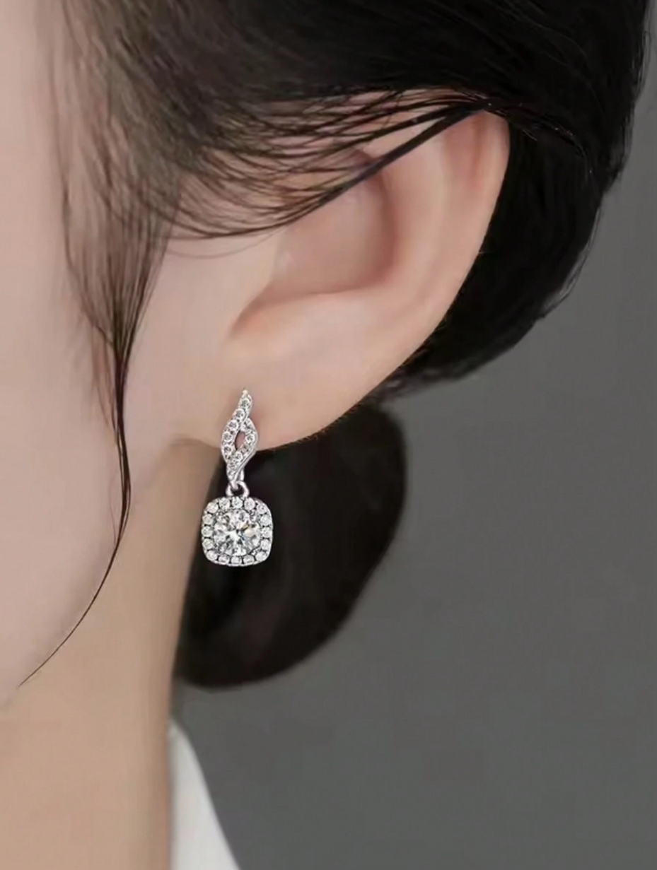 Square Full-Diamond Dangling Earrings | S925 Silver