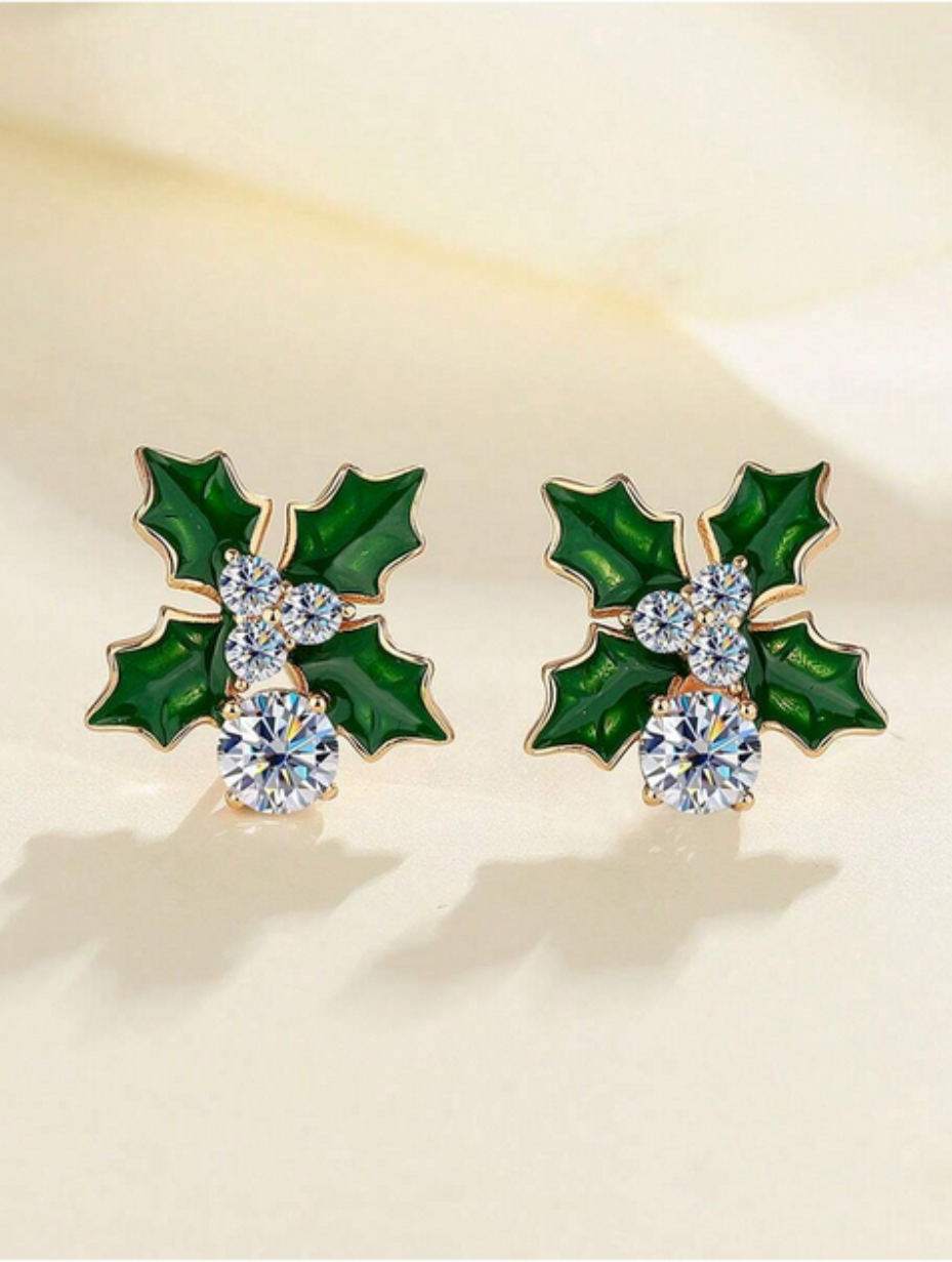 S925 Sterling Silver Moissanite Earrings | Elegant Green Leaf Design