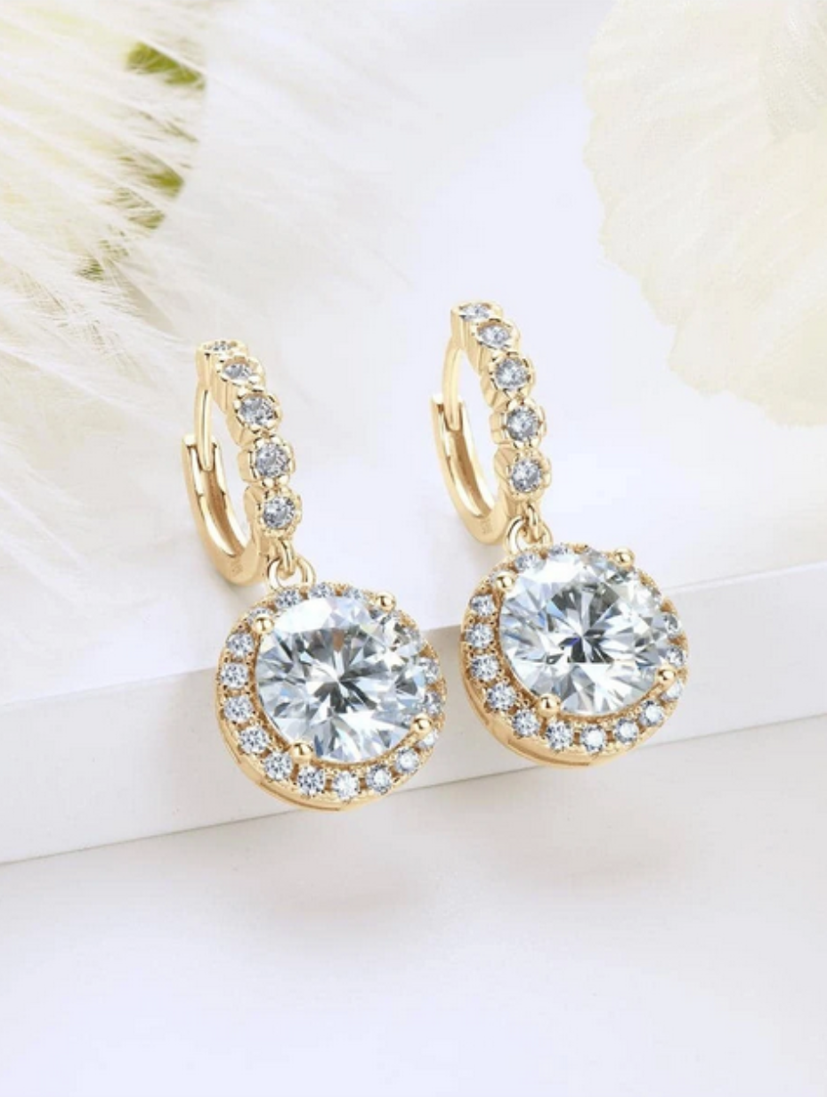 Yellow Gold Moissanite Halo Hoop Earrings | Elegant Dangle Design