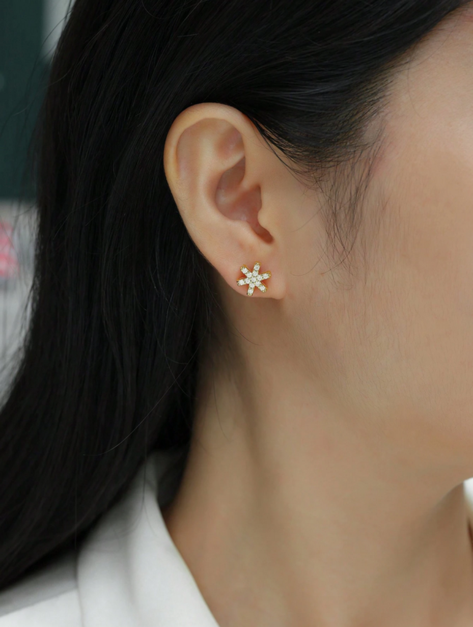 Gold-Plated Moissanite Snowflake Earrings | Festive Elegance