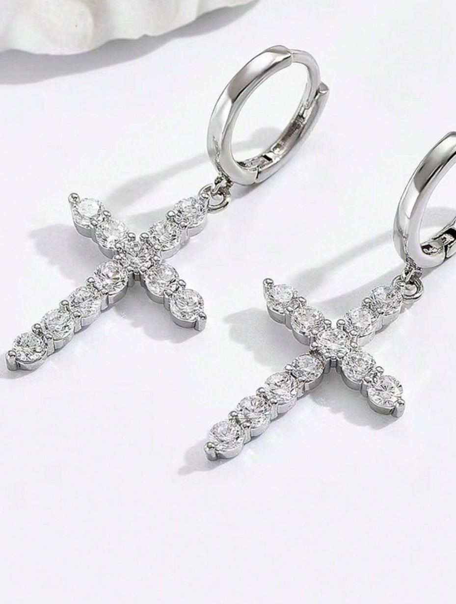 Sterling Silver Moissanite Cross Earrings | Simple Elegance