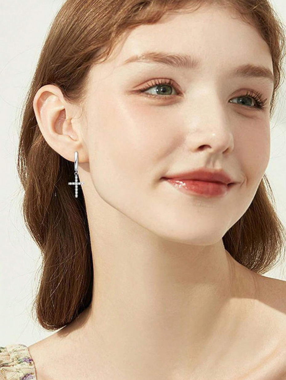 Sterling Silver Moissanite Cross Earrings | Simple Elegance