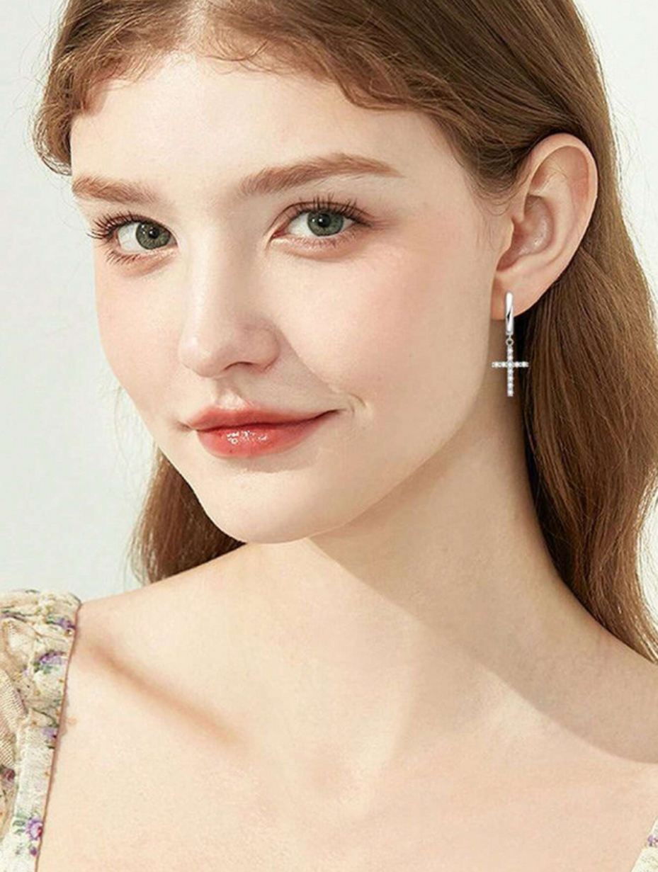 Sterling Silver Moissanite Cross Earrings | Simple Elegance