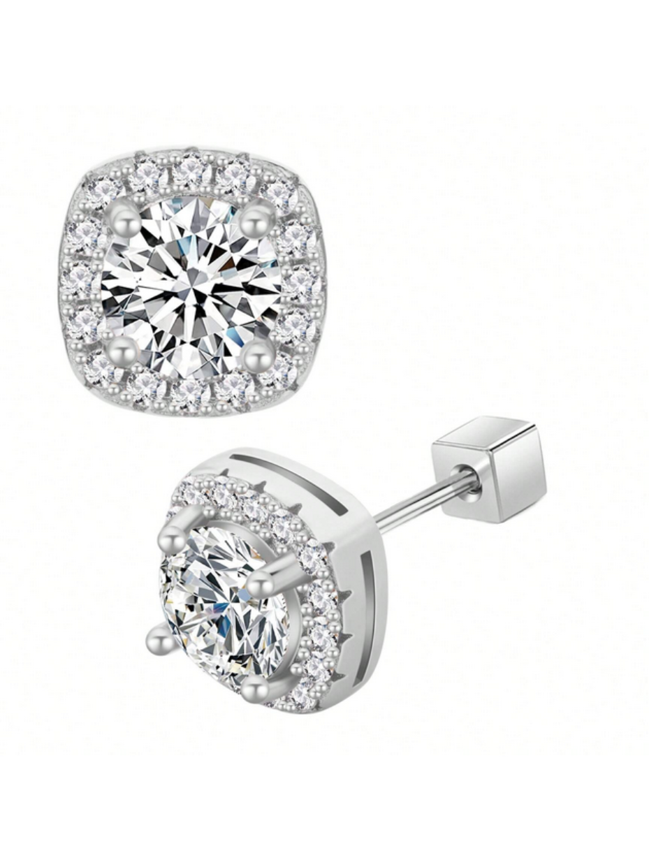 Moissanite Princess Square Earrings | 18K White Gold Plated