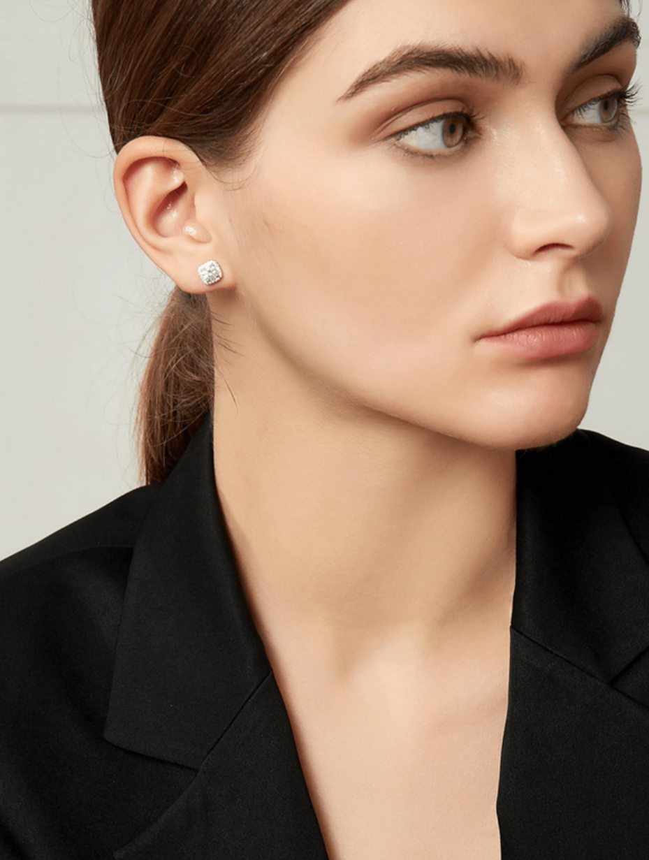 Luxury Moissanite Square Stud Earrings | Rhodium Plated
