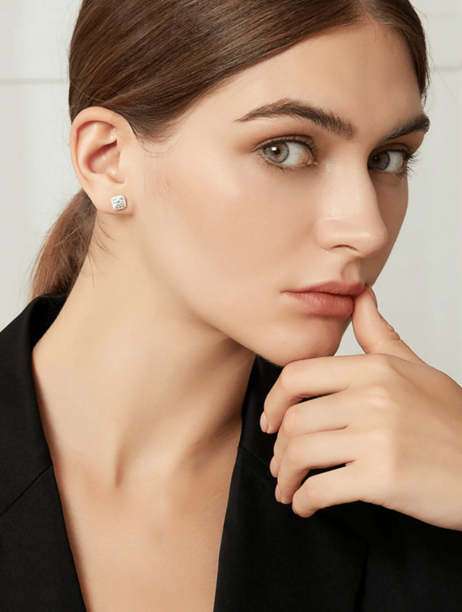Luxury Moissanite Square Stud Earrings | Rhodium Plated