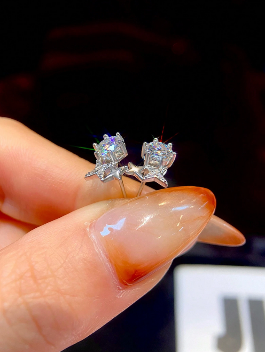 Six-Clawed Star Moissanite Earrings | 925 Sterling Silver