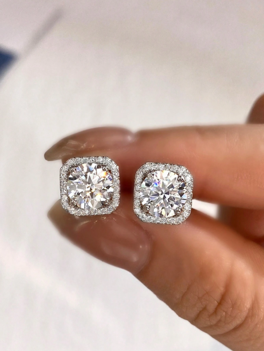 S925 Sterling Silver Moissanite Stud Earrings | Square Elegance