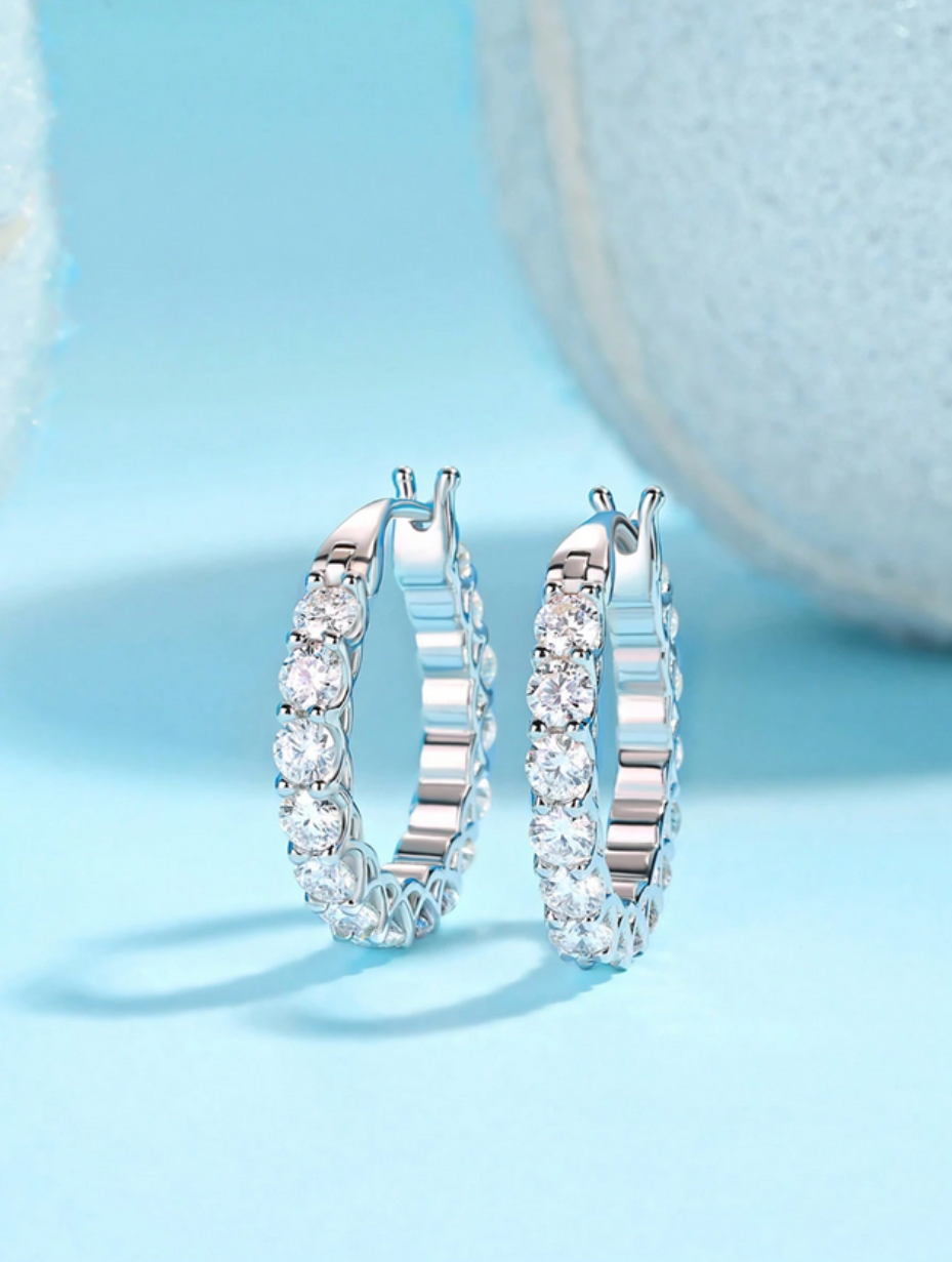 S925 Sterling Silver Moissanite Hoop Earrings | Round Elegance
