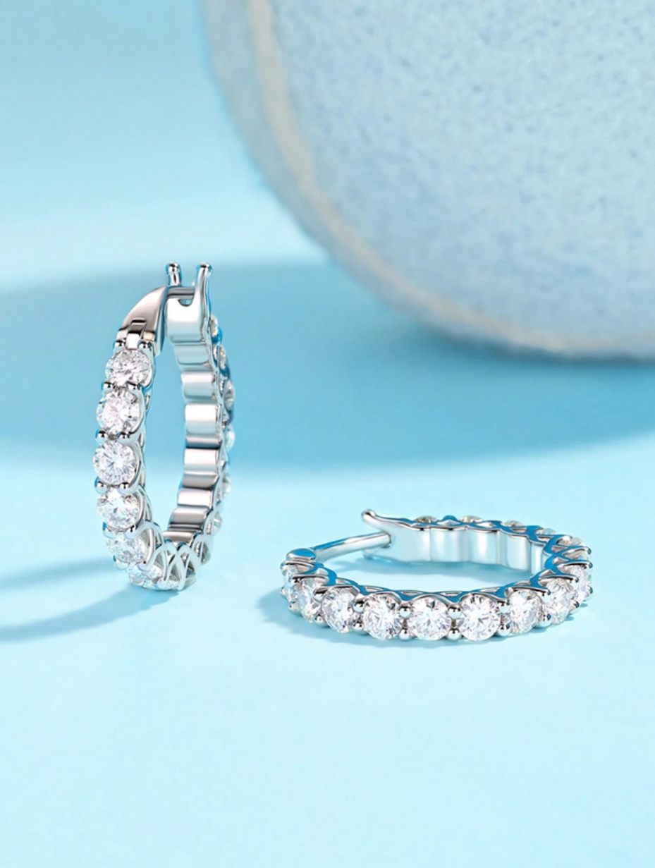 S925 Sterling Silver Moissanite Hoop Earrings | Round Elegance