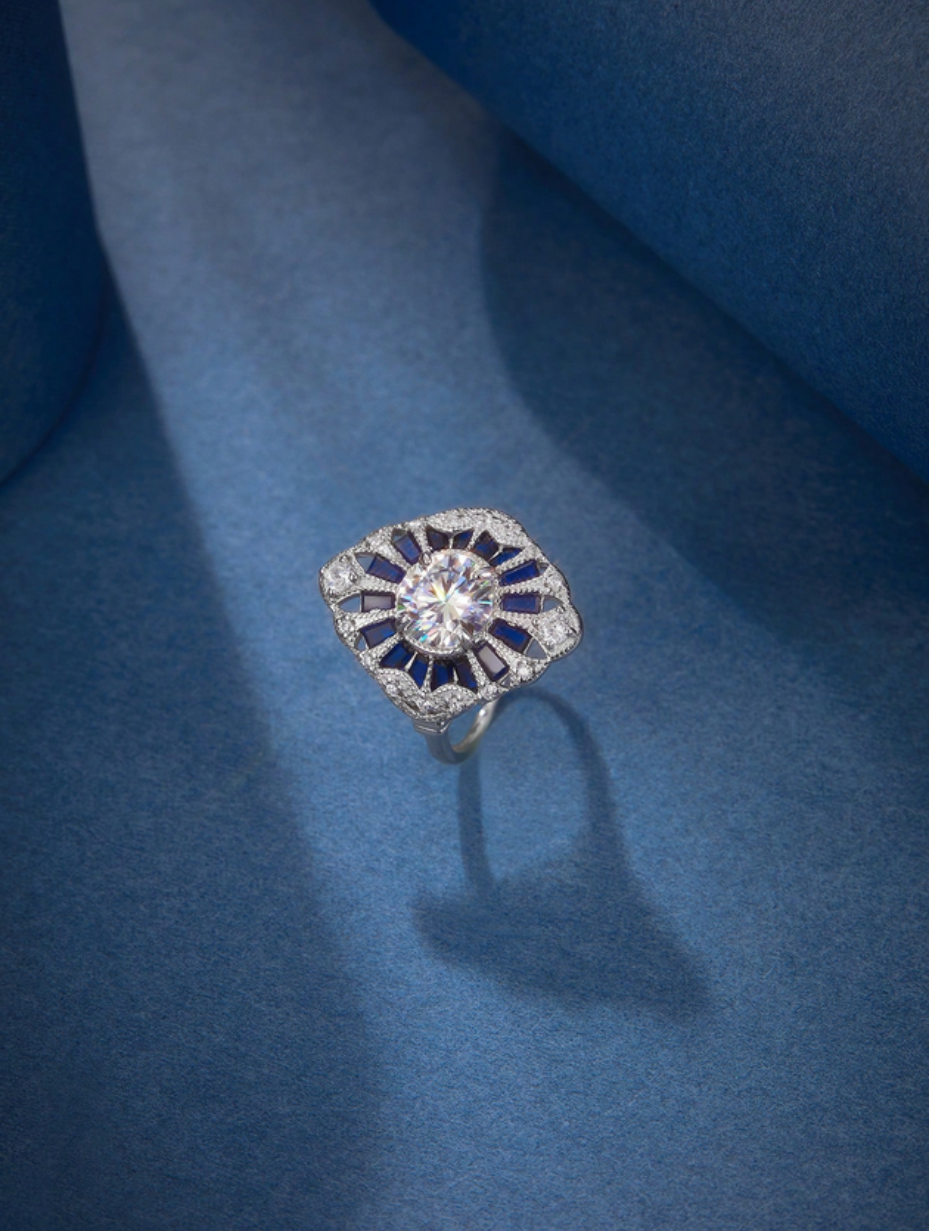 Ink Blue Moissanite Wide Ring | Hypoallergenic