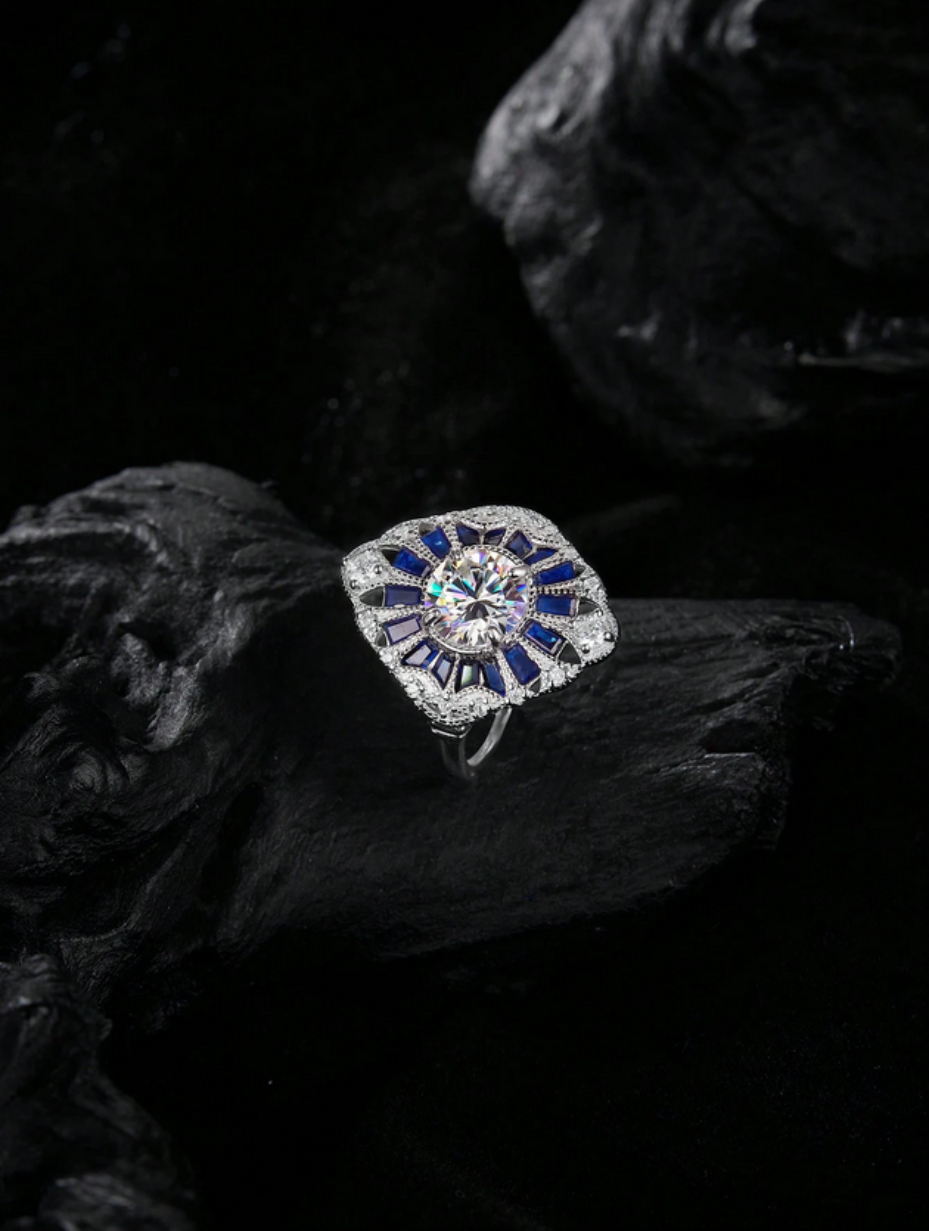 Ink Blue Moissanite Wide Ring | Hypoallergenic
