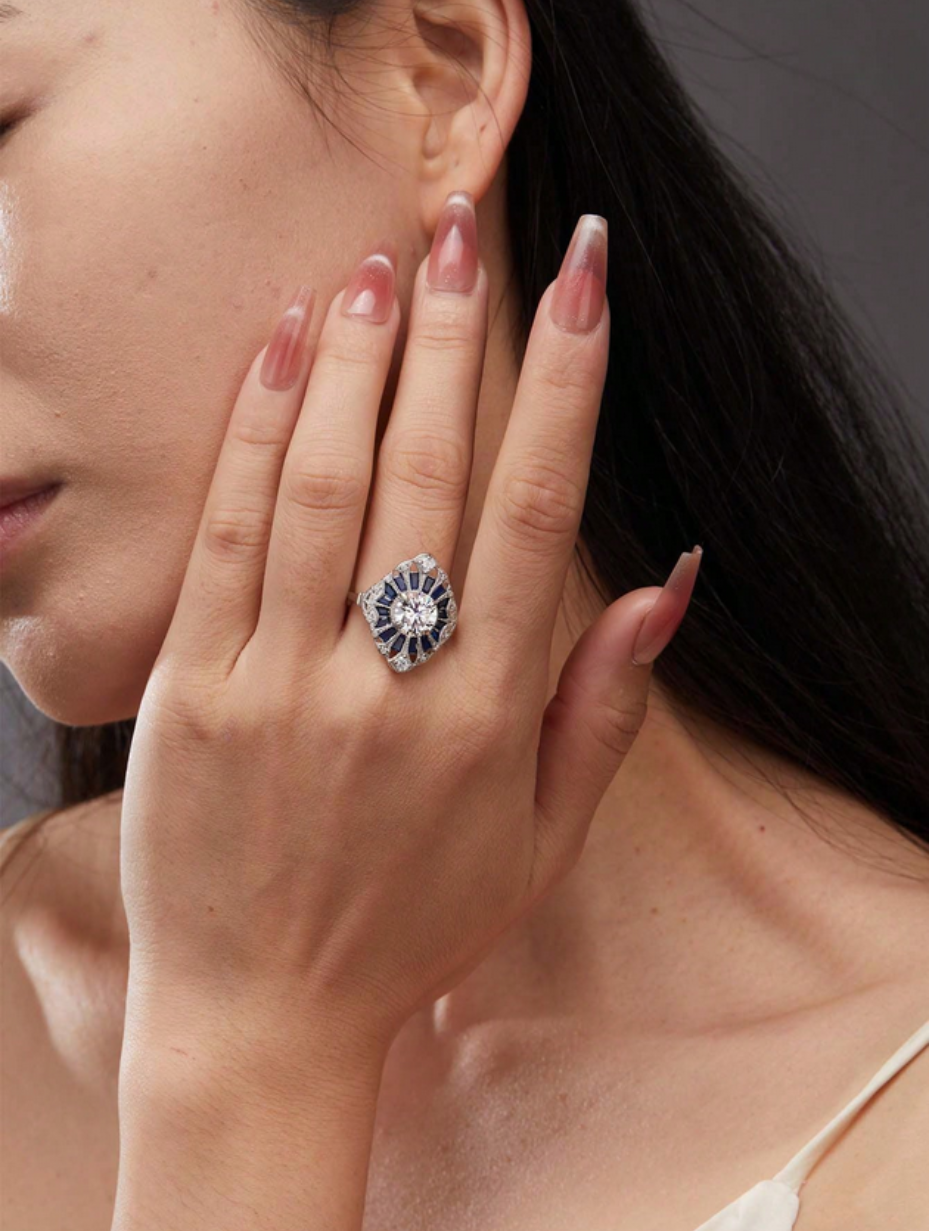 Ink Blue Moissanite Wide Ring | Hypoallergenic