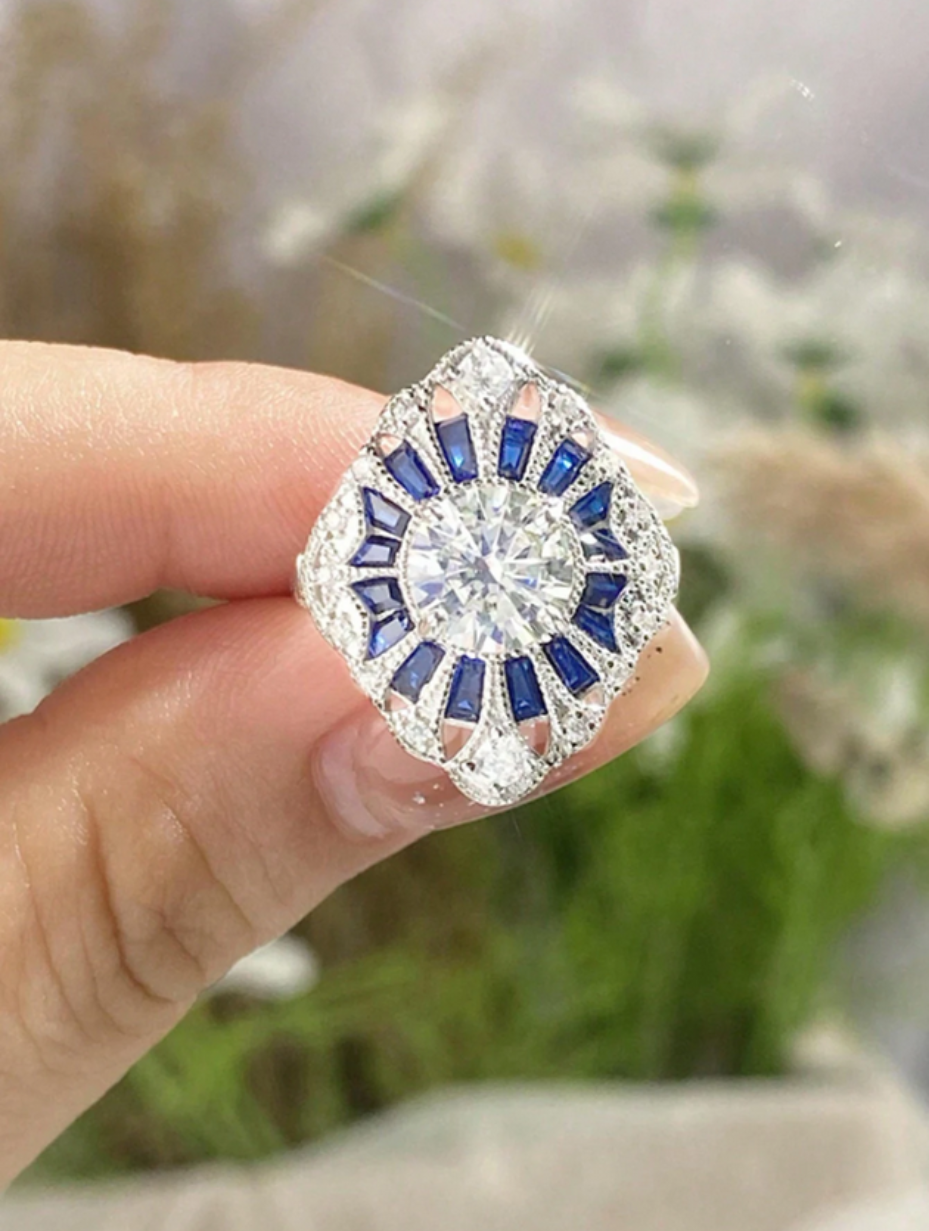 Ink Blue Moissanite Wide Ring | Hypoallergenic