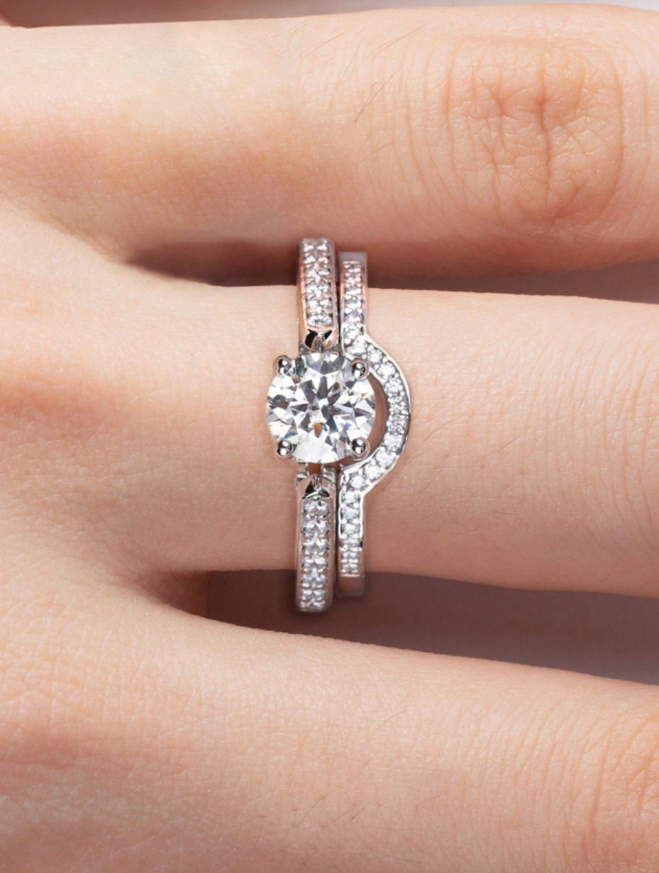 Moissanit Sterling Sølv Ringsæt | Klassisk Forlovelses Ring