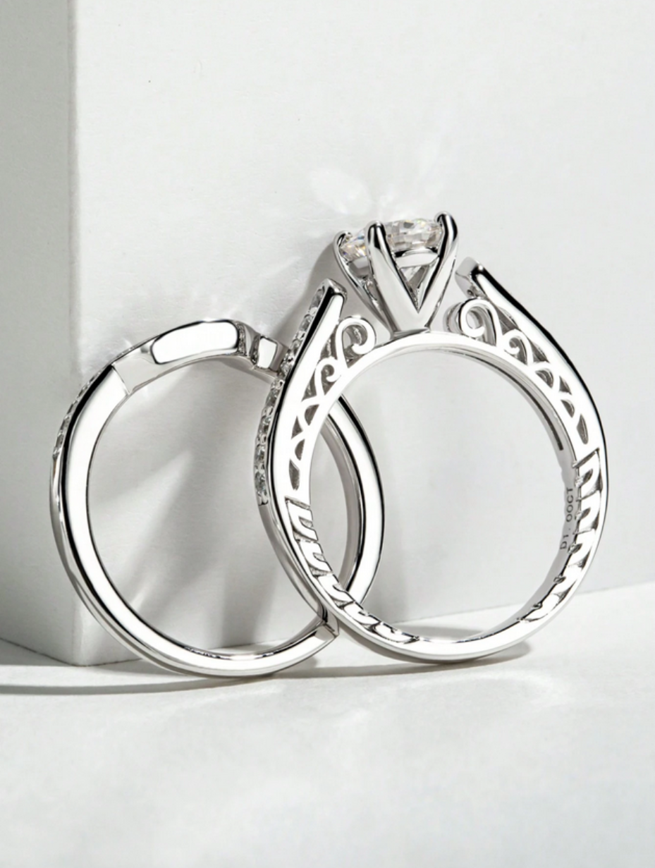 Moissanit Sterling Sølv Ringsæt | Klassisk Forlovelses Ring