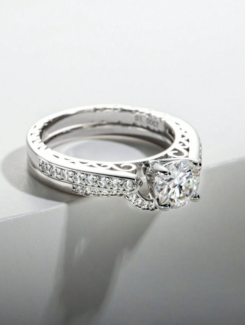 Moissanit Sterling Sølv Ringsæt | Klassisk Forlovelses Ring