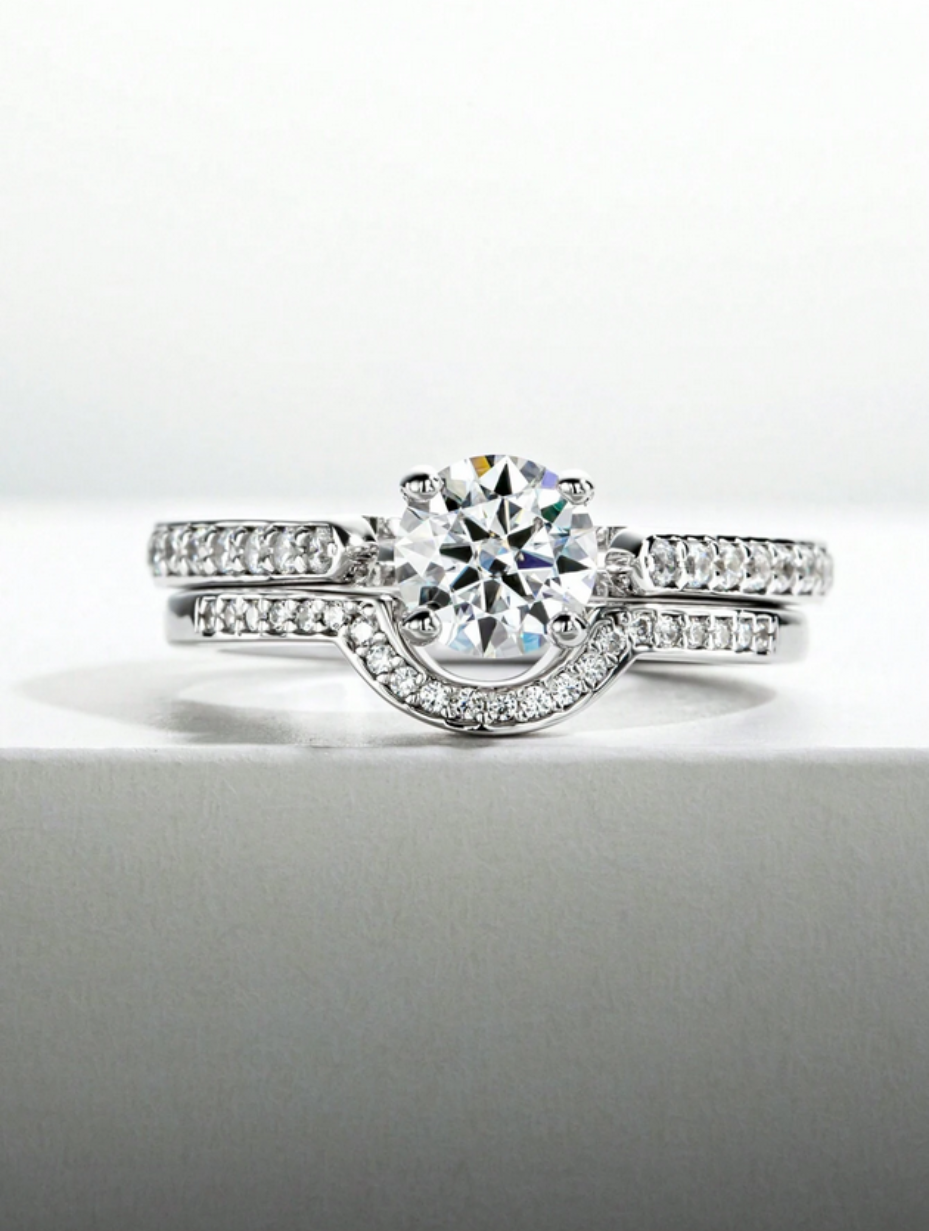 Moissanit Sterling Sølv Ringsæt | Klassisk Forlovelses Ring