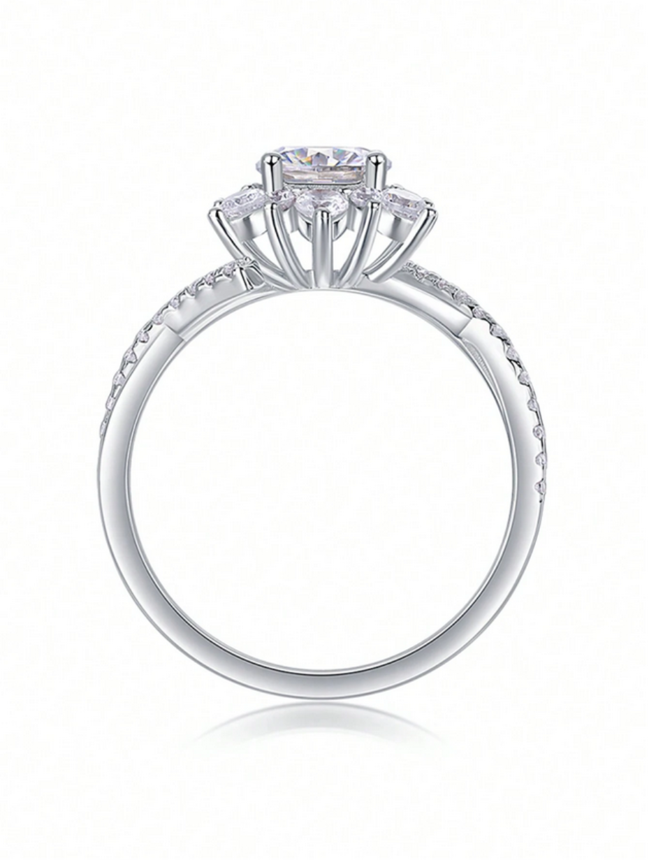Elegant Moissanite Floral Halo Engagement Ring | Sterling Silver