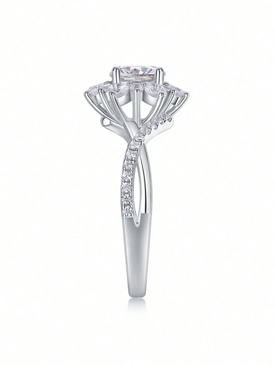 Elegant Moissanite Floral Halo Engagement Ring | Sterling Silver
