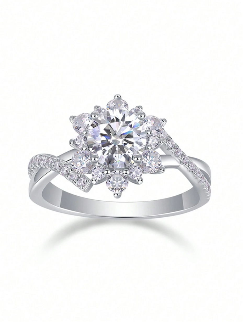 Elegant Moissanite Floral Halo Engagement Ring | Sterling Silver