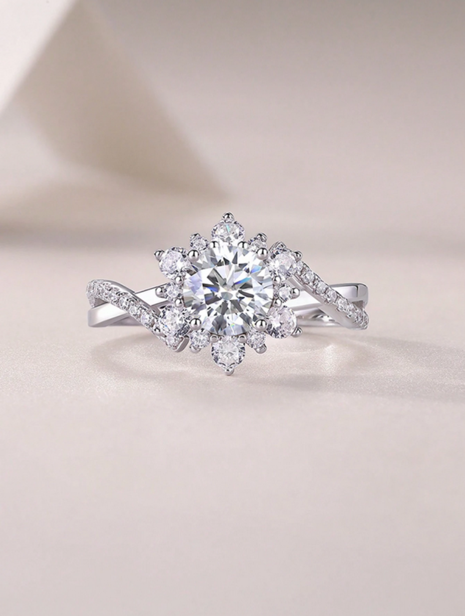Elegant Moissanite Floral Halo Engagement Ring | Sterling Silver