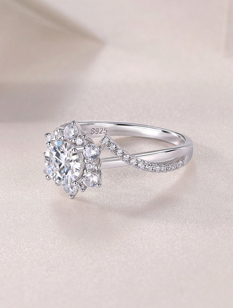 Elegant Moissanite Floral Halo Engagement Ring | Sterling Silver