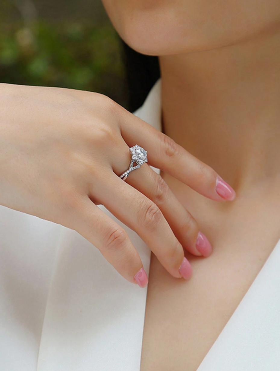 Elegant Moissanite Floral Halo Engagement Ring | Sterling Silver