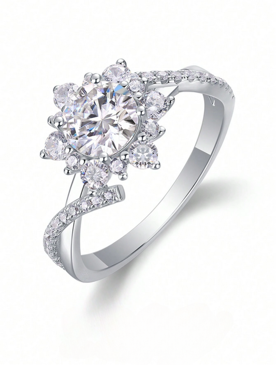 Elegant Moissanite Floral Halo Engagement Ring | Sterling Silver