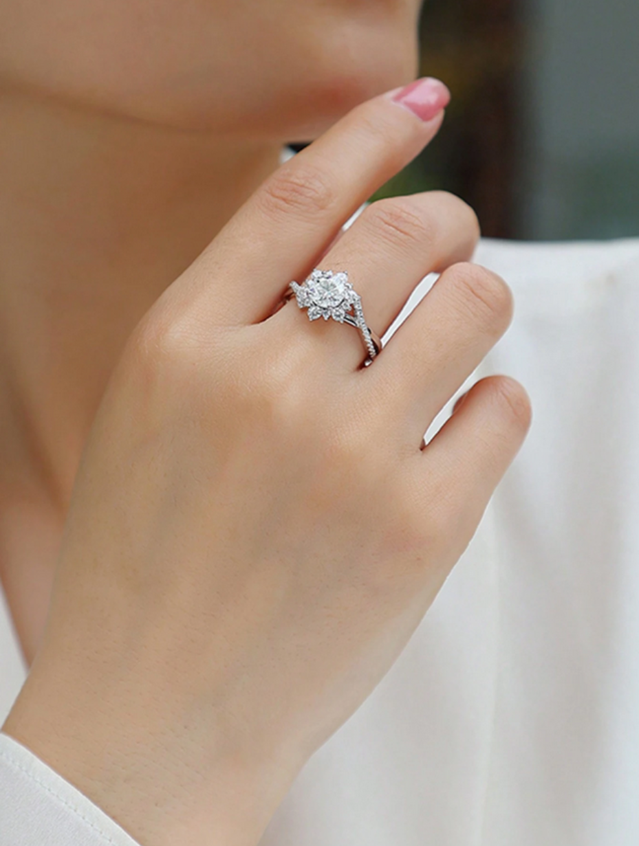 Elegant Moissanite Floral Halo Engagement Ring | Sterling Silver
