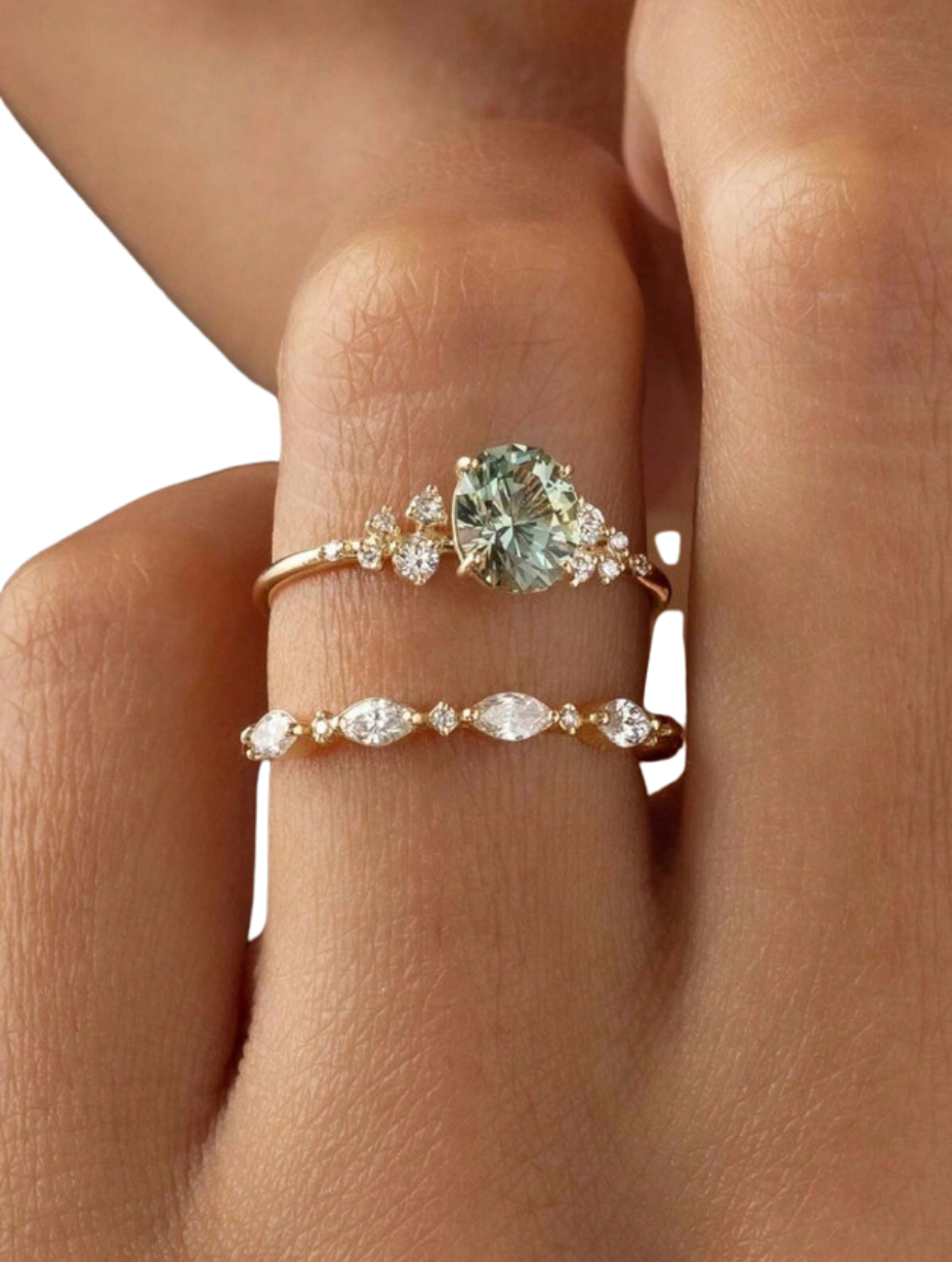 Vintage Grøn Moissanit Ringsæt | S925 Sterlingsølv