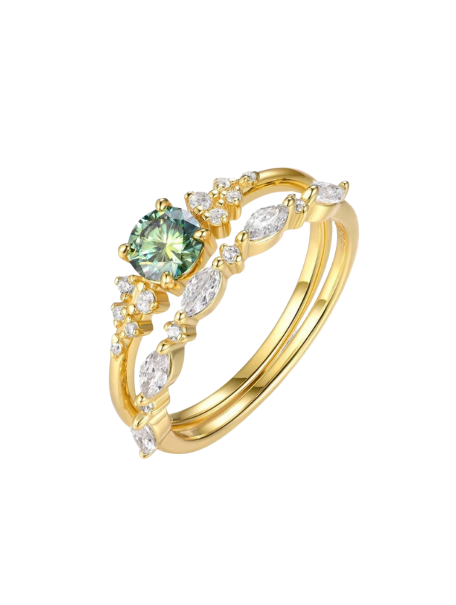 Vintage Grøn Moissanit Ringsæt | S925 Sterlingsølv