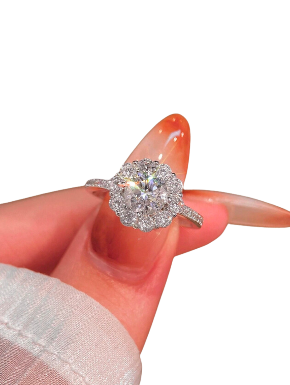 Elegant Funklende Moissanit Solsikkehalo-Ring | Gave til Kvinder i 925 Sterlingsølv