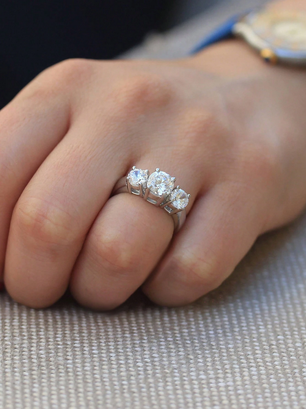 Sterling Silver Moissanite Triple Diamond Ring | Timeless Style