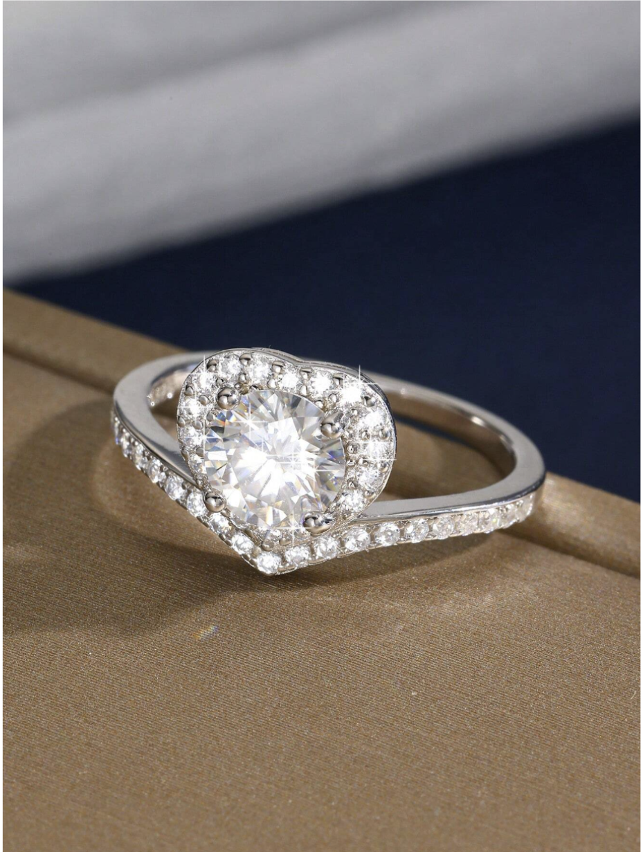 S925 Silver 1 Carat Heart-Shaped Moissanite Ring | H Color