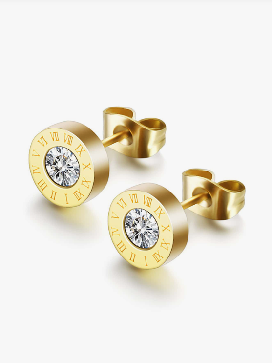 Elegante tidsløse ørestikker i guld/sølv med romertal og funklende zirkon