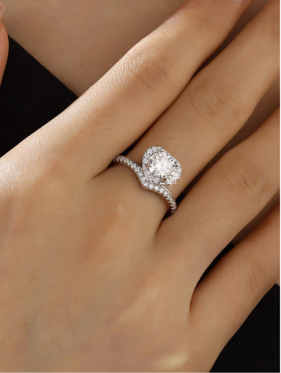 S925 Silver 1 Carat Heart-Shaped Moissanite Ring | H Color