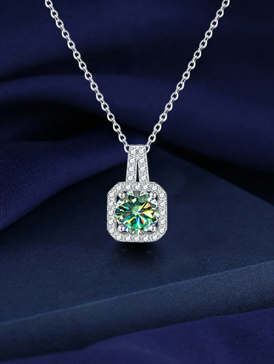 Emerald Elegance Moissanite Necklace | S925 Sterling Silver Blue-Green