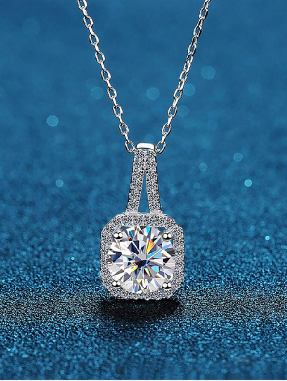 Elegant Moissanite Square Halo Necklace | Sparkling Design