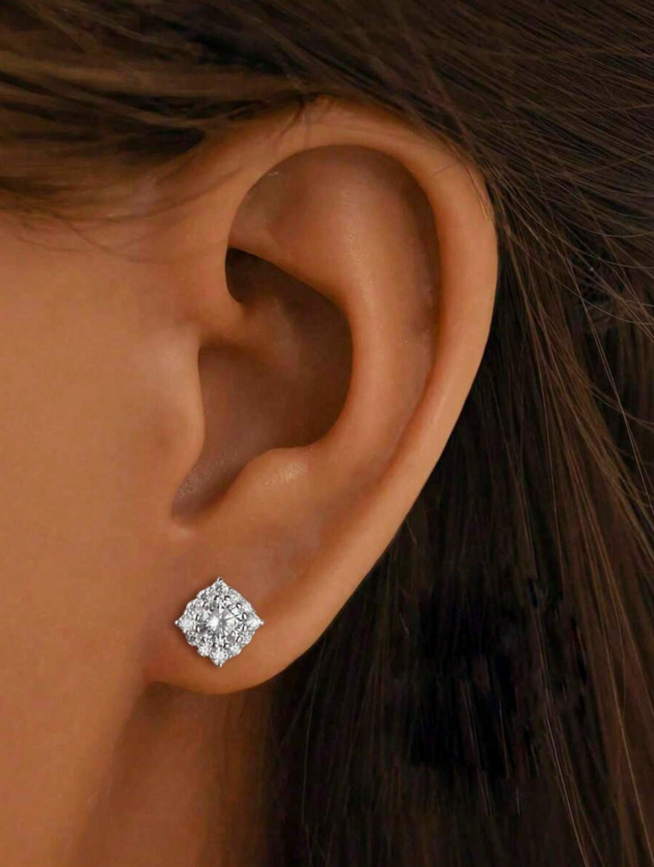S925 Silver Square Diamond Stud Earrings