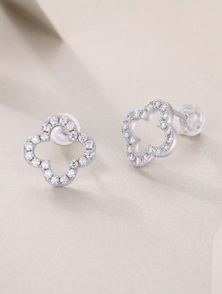 Elegant Four-Leaf Clover Moissanite Earrings | Gold Plated Studs