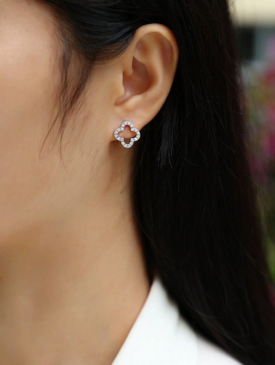 Elegant Four-Leaf Clover Moissanite Earrings | Gold Plated Studs