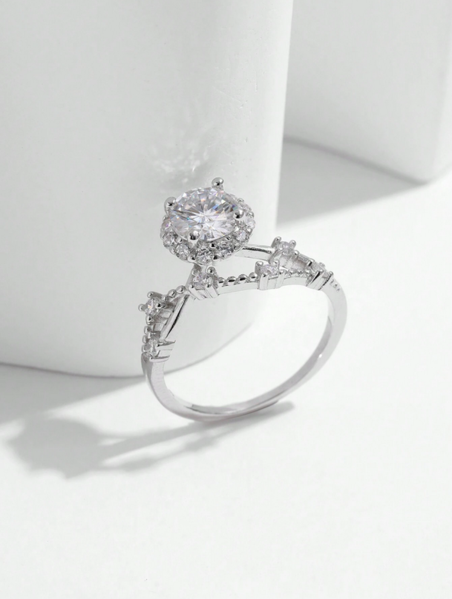 925 Sterling Silver Moissanite Halo Ring