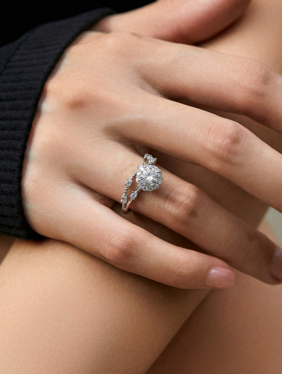 925 Sterling Silver Moissanite Halo Ring